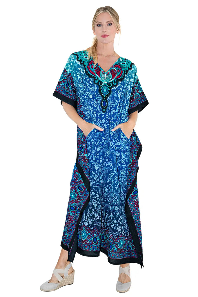Miss Lavish Women's Kaftan Tunic Dress - Plus Size Beach Cover Up, Evening Wear, Turquoise One Size